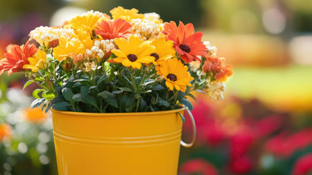 A cheerful yellow bucket filled with bright flowers captures the essence of nature's beauty. This sunny floral arrangement enhances any garden landscape with its vivid colors and joyful presence.の素材