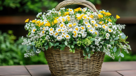 A stunning woven basket overflowing with fresh white and yellow flowers alongside lush greenery, ideal for enhancing any outdoor space or seasonal decoration.の素材