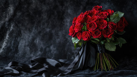 Beautifully arranged bouquet of red roses with lush foliage and a delicate black ribbon that adds an air of elegance, ideal for conveying love and admiration in any celebration.の素材