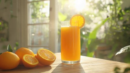 A tall glass of vibrant orange juice with a decoratively sliced orange, set on a wooden table in a sunlit kitchen filled with lush greenery, perfect for a refreshing morning.の素材