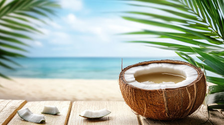 A fresh coconut rests on a wooden table, surrounded by tropical leaves, with a serene beach and ocean view in the background, perfect for evoking a vacation vibe.の素材