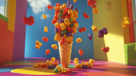 A whimsical scene featuring a cone overflowing with vibrant popcorn varieties set against a colorful backdrop, evoking joy and creativity in a playful atmosphere.の素材