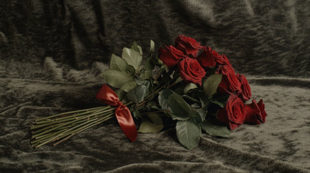 This stunning bouquet features vibrant red roses complemented by rich green leaves, tied elegantly with a ribbon. Ideal for conveying love and beauty in various settings.の素材