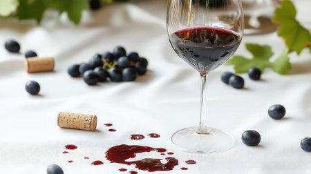 A chic composition featuring a wine glass filled with rich red wine on a white tablecloth, surrounded by grapes and spilled liquid, evoking a festive dining atmosphere.の素材