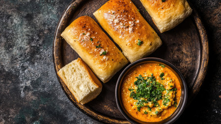 A plate of pav bhaji with buttered bread rolls and a bowl of spicy mashed vegetable curry.の素材
