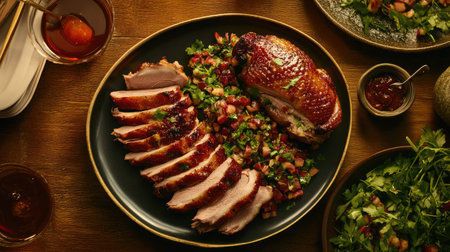 A plate of Cantonese-style roast duck with a glossy, crispy skin, sliced and served with plum sauce.の素材