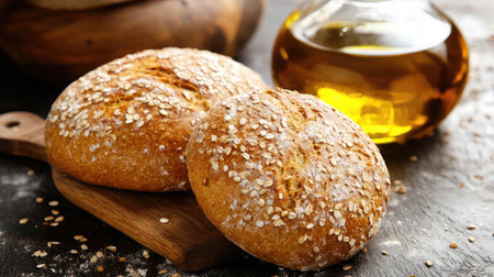 A rustic scene with freshly baked whole grain bread and a side of olive oil for dipping.の素材