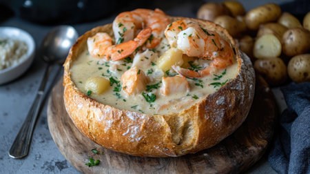 A rustic seafood chowder served in a bread bowl with chunks of fresh fish and potatoes.の素材