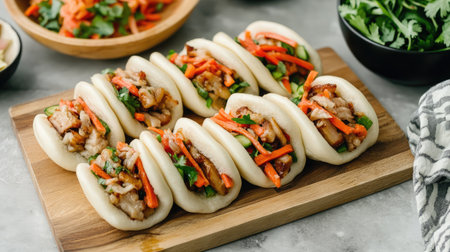 A wooden board with freshly steamed bao buns filled with braised pork belly and pickled vegetables.の素材