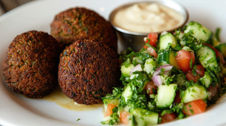 A serving of golden-brown falafel with a side of tahini sauce and a fresh cucumber salad.の素材
