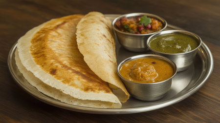 A beautifully arranged dosa with a side of coconut chutney and sambar in small metal bowls.の素材