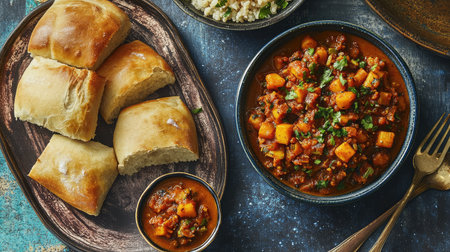 A plate of pav bhaji with buttered bread rolls and a bowl of spicy mashed vegetable curry.の素材