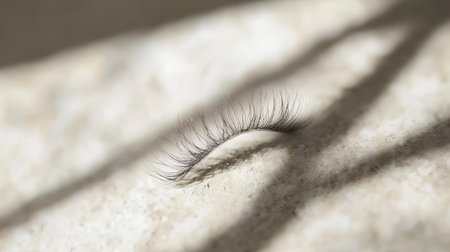 A stunning false eyelash lies gracefully on a soft surface, illuminated by natural light, casting gentle shadows that enhance its delicate texture and charm. Perfect for beauty-related projects.の素材