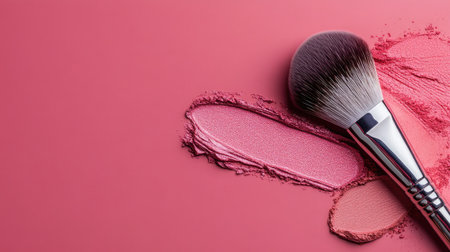 A beautiful arrangement featuring a makeup brush beside swatches of blush powder on a soft pink background, perfect for beauty promotions or tutorials.の素材