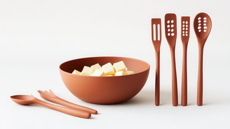 Stylish and modern kitchen utensils placed beside a brown bowl filled with butter cubes, showcasing a clean and minimalist design perfect for food preparation.の素材