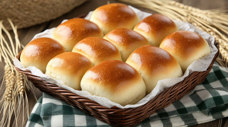 A basket of warm, golden brown dinner rolls sits attractively on a checkered cloth, surrounded by wheat, ideal for showcasing homemade culinary delights.の素材
