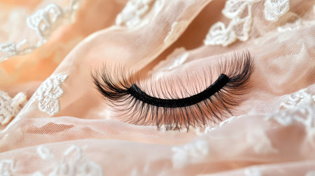A striking close-up of a synthetic eyelash resting on soft, peach fabric adorned with delicate lace, ideal for beauty, fashion, and makeup-related projects.の素材