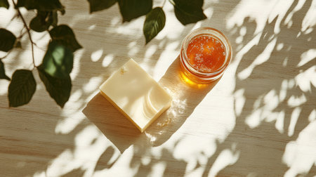 Capture the essence of serenity with this image showcasing soap and honey illuminated by warm light, framed by gentle leaf shadows, evoking a sense of natural beauty and wellness.の素材