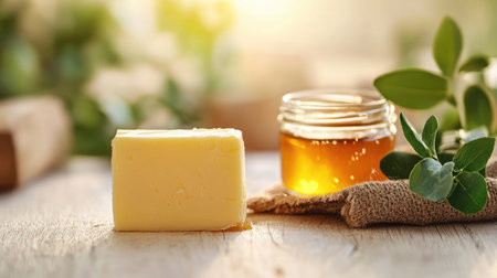 A serene arrangement featuring a block of fresh butter beside a jar of honey on a rustic table, illuminated by soft natural light, ideal for culinary and organic themes.の素材