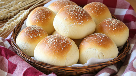 A warm and inviting basket of freshly baked dinner rolls nestled in a red checkered cloth, perfect for sharing at family gatherings or casual meals.の素材
