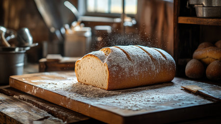 A beautifully baked loaf of bread resting on a wooden cutting board, lightly dusted with flour, radiating warmth in a cozy kitchen filled with natural light and rustic charm.の素材