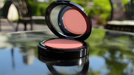 A stylish open compact of blush showcases its soft pink shade on a reflective surface outdoors, captured with gentle light and a serene backdrop for beauty and elegance.の素材
