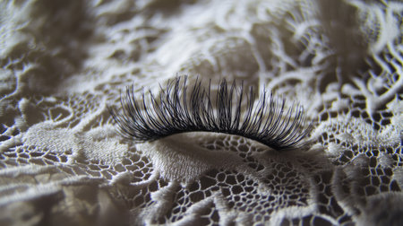 Stunning close-up of a false eyelash positioned elegantly on a textured lace background, perfect for showcasing beauty and fashion elements in creative projects.の素材