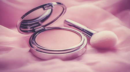 A beautiful makeup compact opened to reveal soft blush, alongside a brush, resting on delicate pink fabric. Perfect for beauty enthusiasts, makeup artists, and fashion lovers.の素材