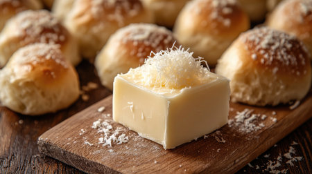 Indulge in the delectable combination of freshly baked dinner rolls paired with soft butter and shredded cheese, perfect for a family gathering or cozy meal.の素材