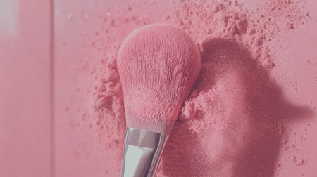 A close-up of a soft pink makeup brush resting on vibrant pink powder, ideal for beauty, cosmetics, and fashion. Perfect for promotional and editorial content.の素材