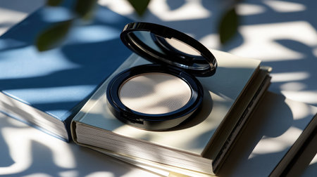 A sophisticated cosmetic compact opened on a stylish notebook, captured in soft natural light with artistic shadows creating a beautiful scene ideal for beauty and lifestyle inspiration.の素材