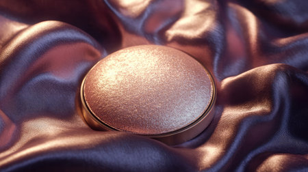 A stunning cosmetic compact rests on a soft, shimmering satin fabric, highlighting elegance and beauty. Perfect for beauty photography and makeup product promotion.の素材