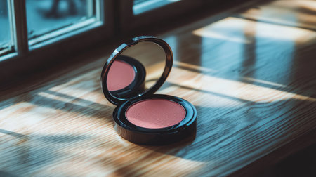 A beautifully designed blush compact with a mirror rests on a wooden table, illuminated by soft natural light, perfect for capturing the essence of modern beauty and aesthetics.の素材