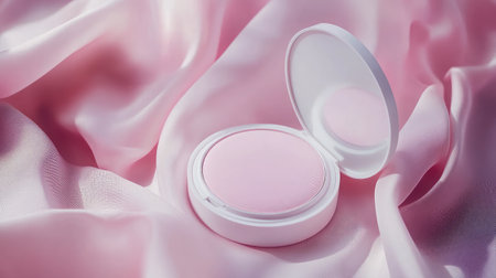 Elegant pink blush compact resting on soft satin fabric, showcasing a luxurious beauty product ideal for enhancing facial features and creating a fresh, radiant look.の素材