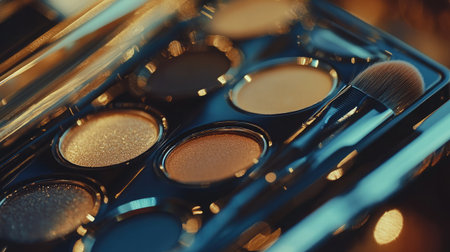 Stunning close-up of an eye shadow palette showcasing shimmering tones and a brush, perfect for beauty enthusiasts seeking to elevate their makeup game with vibrant colors.の素材