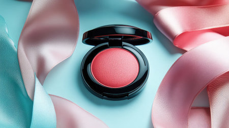 This image showcases a stylish blush compact nestled among soft satin ribbons, perfect for beauty marketing, product displays, and aesthetic visuals.の素材