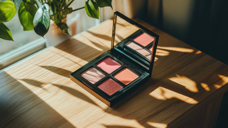 A beautifully arranged makeup palette with four vibrant blush shades, showcased with natural light and greenery, perfect for beauty lovers and creative expression.の素材