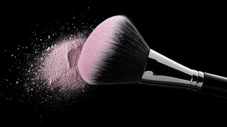 A dynamic image showcasing a makeup brush releasing a cloud of pink powder, highlighting the beauty and artistry involved in makeup application against a sleek black background.の素材