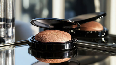 A stunning compact mirror showcasing shimmering powder, perfectly captured in a modern setting. Ideal for beauty, makeup, and fashion-themed projects.の素材