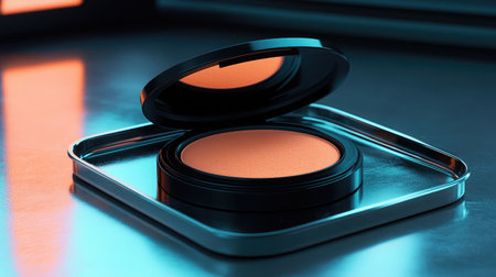 A close-up view of a vibrant orange blush compact set on a sleek metallic tray, showcasing elegance and style perfect for makeup photography and beauty marketing.の素材