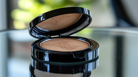 A beautifully lit close-up of an opened compact powder case resting on a reflective table, ideal for beauty and makeup themes showcasing smooth textures and perfect application.の素材