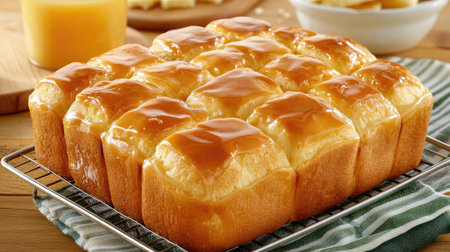 A visually appealing loaf of sweet bread with a glossy caramelized topping, perfect for breakfast or dessert. Ideal for gatherings and special occasions.の素材