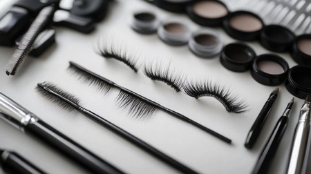 A stunning display of professional makeup tools and eyelashes, showcasing elegance and precision. Ideal for beauty promotions and artistic fashion projects.の素材