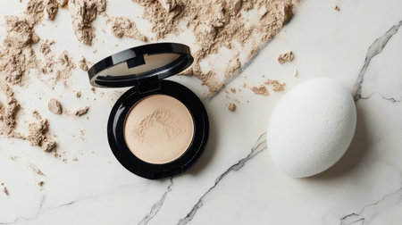 This artistic composition features a foundation compact and a makeup sponge on a marble surface, surrounded by loose powder, perfect for beauty and skincare visuals.の素材