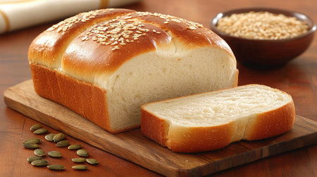 A warm and inviting image of a freshly baked white bread loaf topped with oats, alongside a bowl of oats and scattered pumpkin seeds, perfect for a cozy kitchen atmosphere.の素材