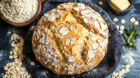 This image showcases a rustic oat bread topped with oat flakes, with flour and oats scattered around. Perfect for portraying home baking and wholesome ingredients.の素材