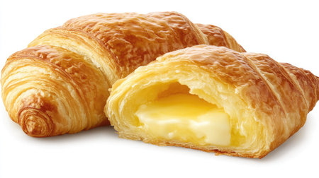 A mouthwatering croissant with a rich butter filling showcases its flaky texture and golden color, evoking warmth and delight perfect for breakfast or brunch.の素材