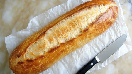 A beautifully baked artisan bread showcasing a golden crust and soft interior, ideal for culinary settings or home kitchens, complemented by a sharp knife.の素材