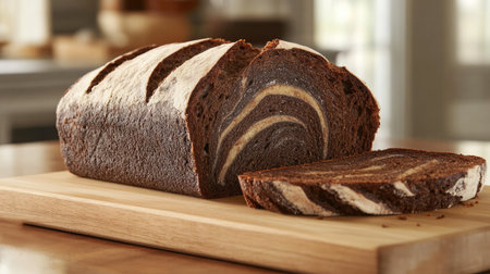 A beautifully baked marble bread loaf displays rich swirls of chocolate and vanilla on a wooden board, perfect for any meal or snack in a cozy kitchen.の素材