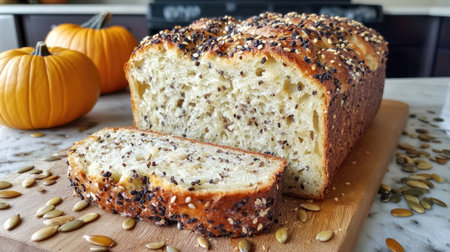 This image showcases a freshly baked loaf of bread, beautifully sliced to reveal its texture, accompanied by decorative pumpkins and scattered seeds for a seasonal touch.の素材